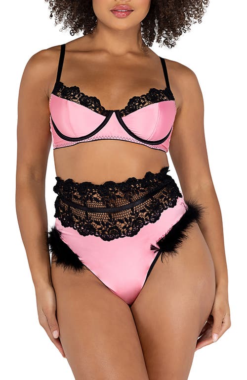 Embroidery & Satin Underwire Bra & High Waisted Thong in Pink/Black
