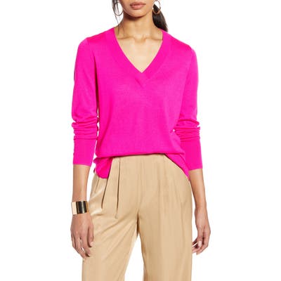Halogen V-Neck Merino Wool Blend Sweater, Pink