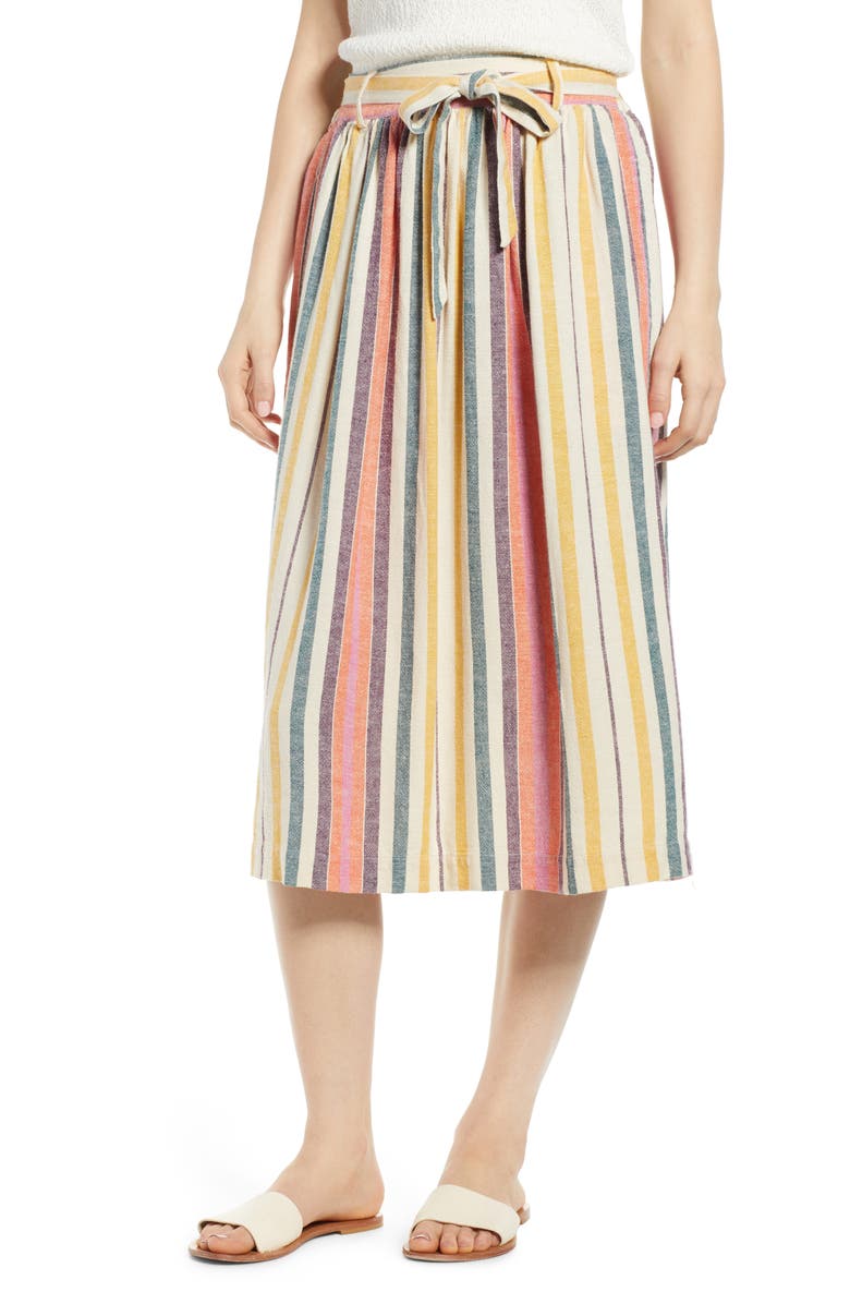  Tie Belt Stripe Midi Skirt, Main, color, IVORY DOVE NALA STRIPE