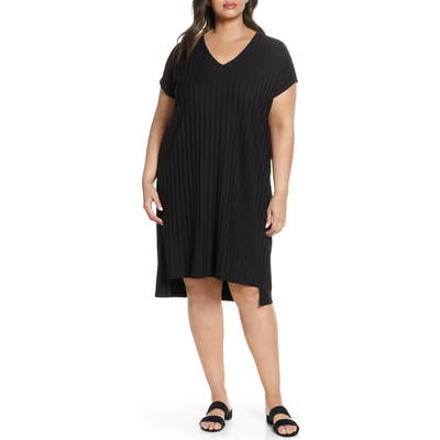 Plus Size Eileen Fisher V-Neck High/low Ribbed Shift Dress, Black
