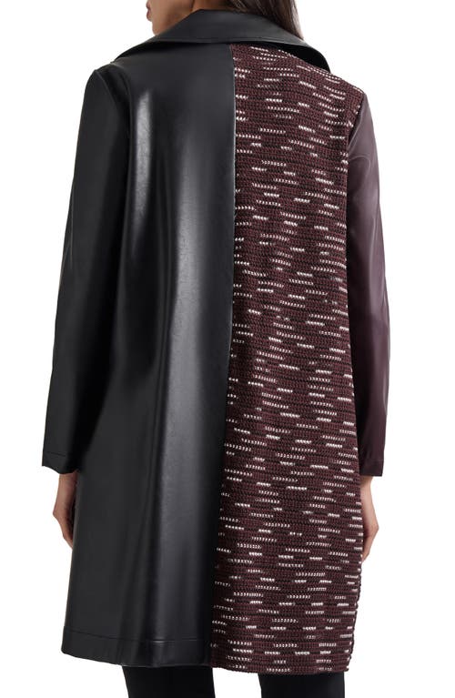 Misook Knit Panel Faux Leather Coat In Mahogany/black/new Ivory