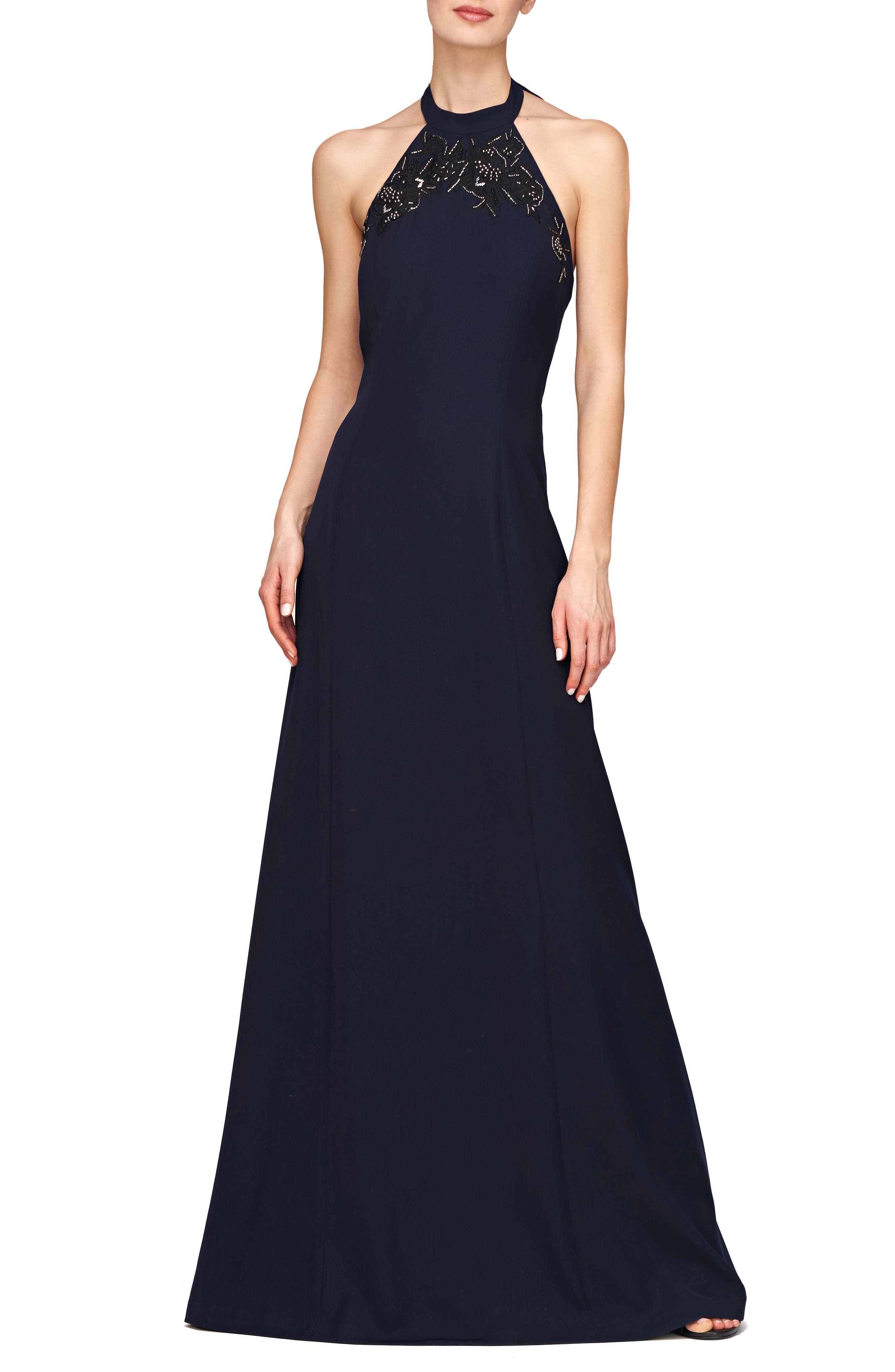 Kay Unger Josephina Beaded Lace Detail Halter Neck Gown in French Navy 