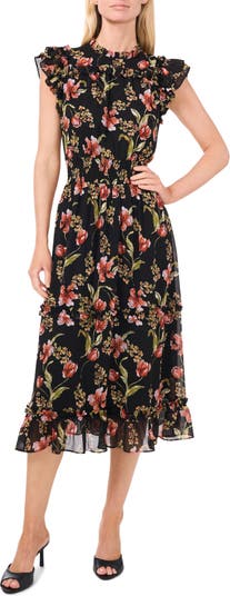 CeCe Floral Flutter Sleeve Midi Dress | Nordstrom