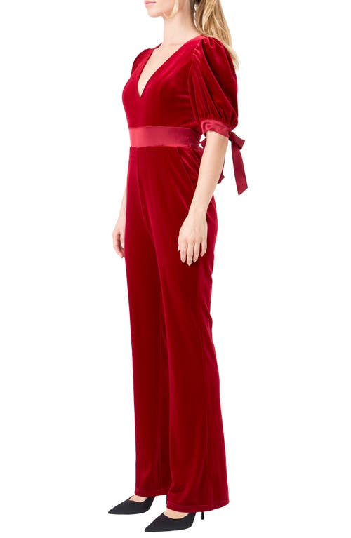 Endless Rose Women's Bow Tie Sleeve Velvet Jumpsuit In Rouge