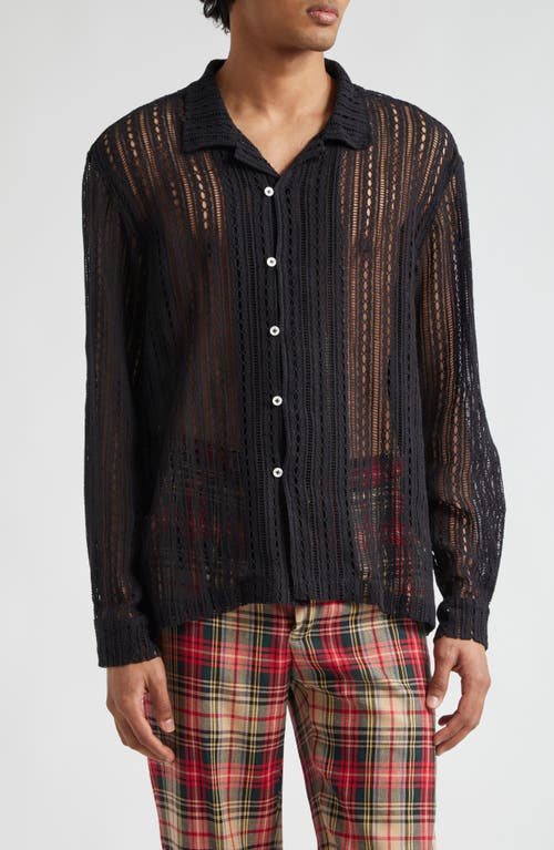 Bode Meandering Lace Button-Up Shirt Black at Nordstrom,