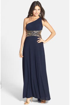 Betsy & Adam Embellished One Shoulder Chiffon Gown | Nordstrom