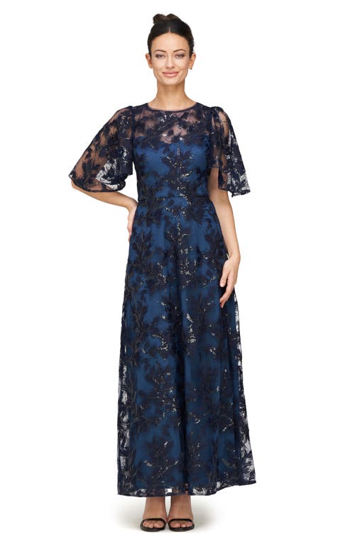 Shop Js Collections Eveline Sequin Floral Overlay Gown In Deep Navy/teal