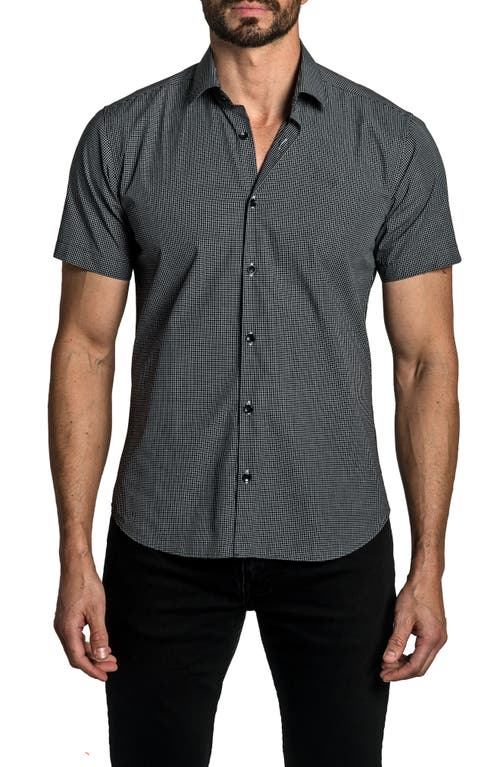 Jared Lang Trim Fit Grid Print Short Sleeve Cotton Button-Up Shirt in Black at Nordstrom, Size Small