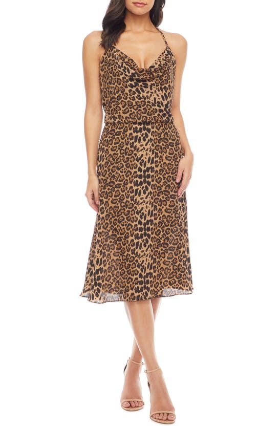Dress The Population Zherra Leopard Print Cowl Neck Halter Dress In Taupe Leopard Multi