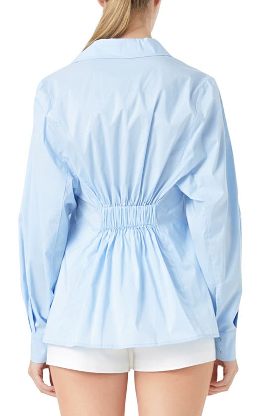 Endless Rose Elastic Back Detail Cotton Blend Button-up Shirt In Powder Blue