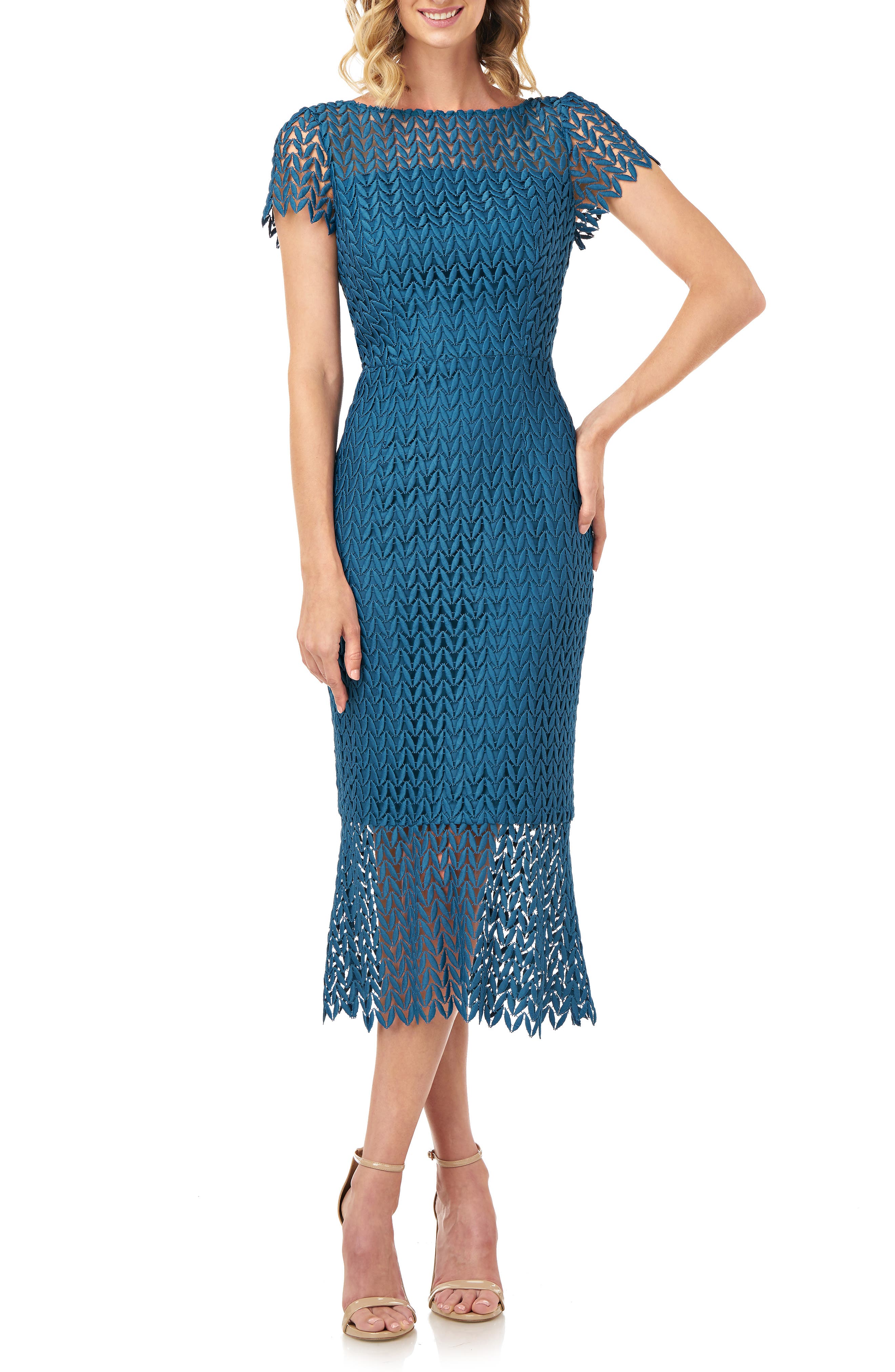 kay unger fishnet lace sheath dress