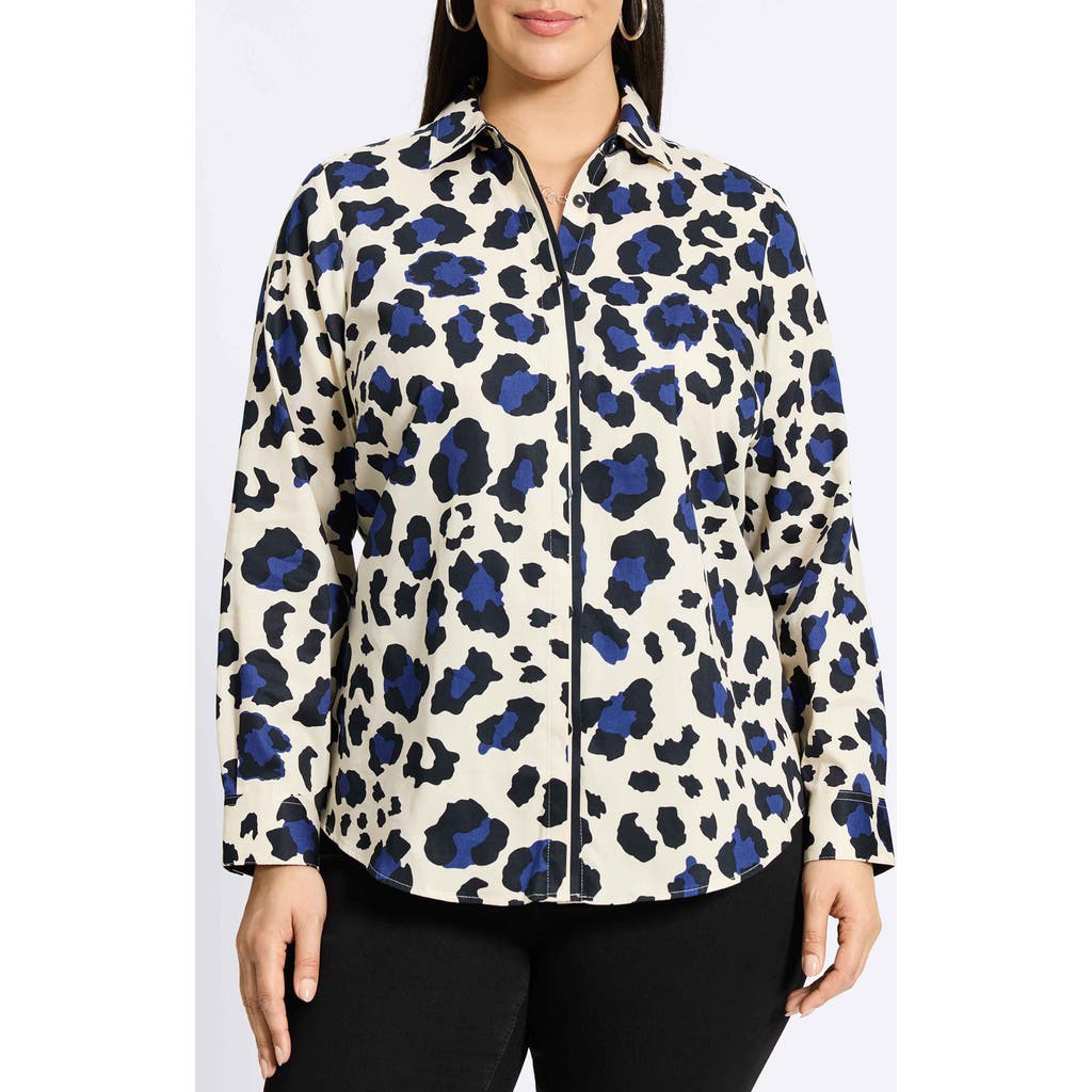 Foxcroft Charlie Leopard Print Cotton Button-up Shirt In Pacific Blue
