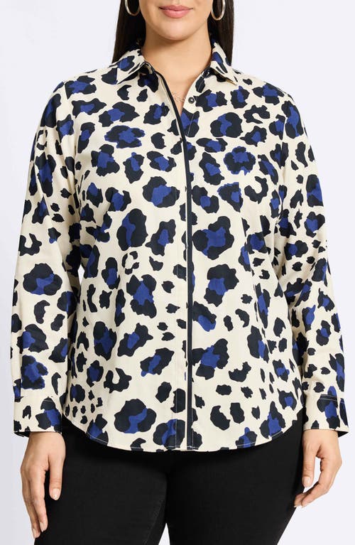Foxcroft Charlie Leopard Print Cotton Button-Up Shirt Pacific Blue at Nordstrom,