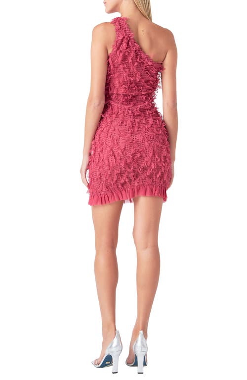 Endless Rose One-shoulder Mesh Fringe Minidress In Burgundy