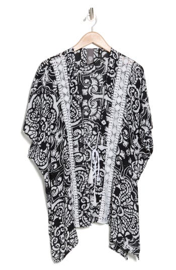 Vince Camuto Mixed Print Crochet Lace Ruana In Black