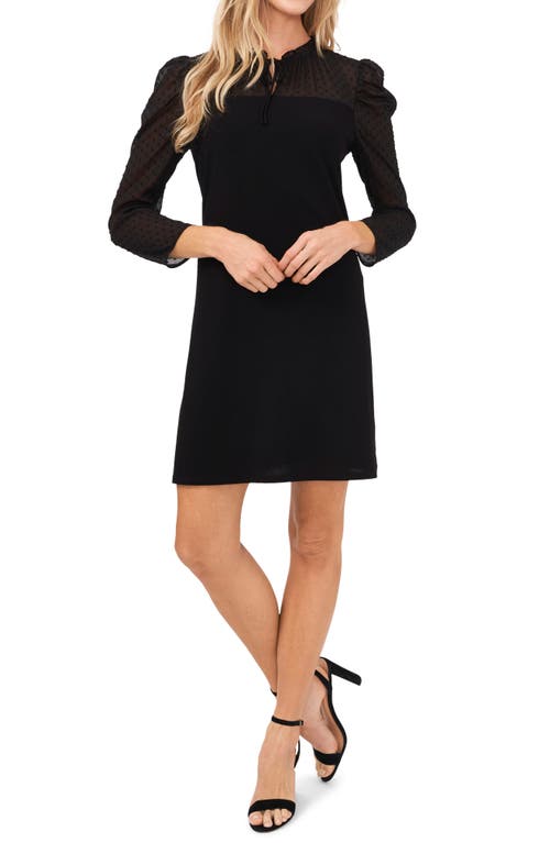 CeCe Clip Dot Mixed Media Long Sleeve Minidress in Rich Black