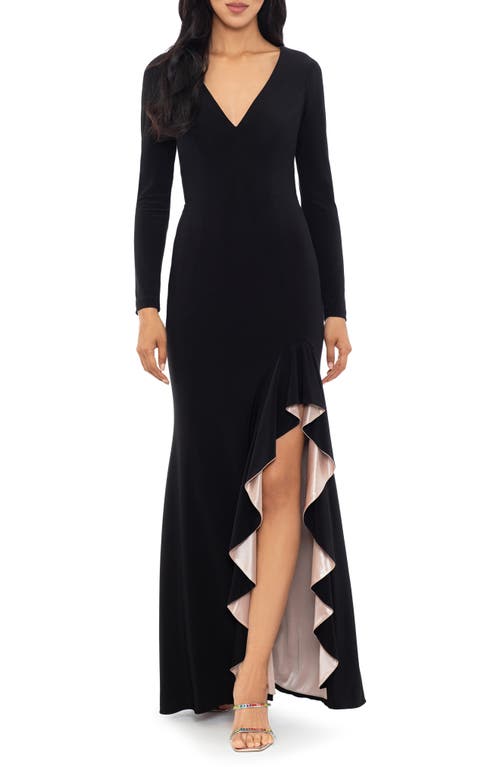 Xscape Evenings V-Neck Long Sleeve Gown Black/Nude at Nordstrom,