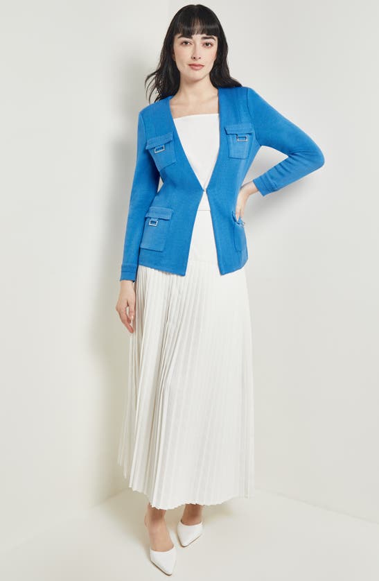 Misook Tailored Metallic Accent Ribbed Flat Knit Jacket In Adriatic Blue
