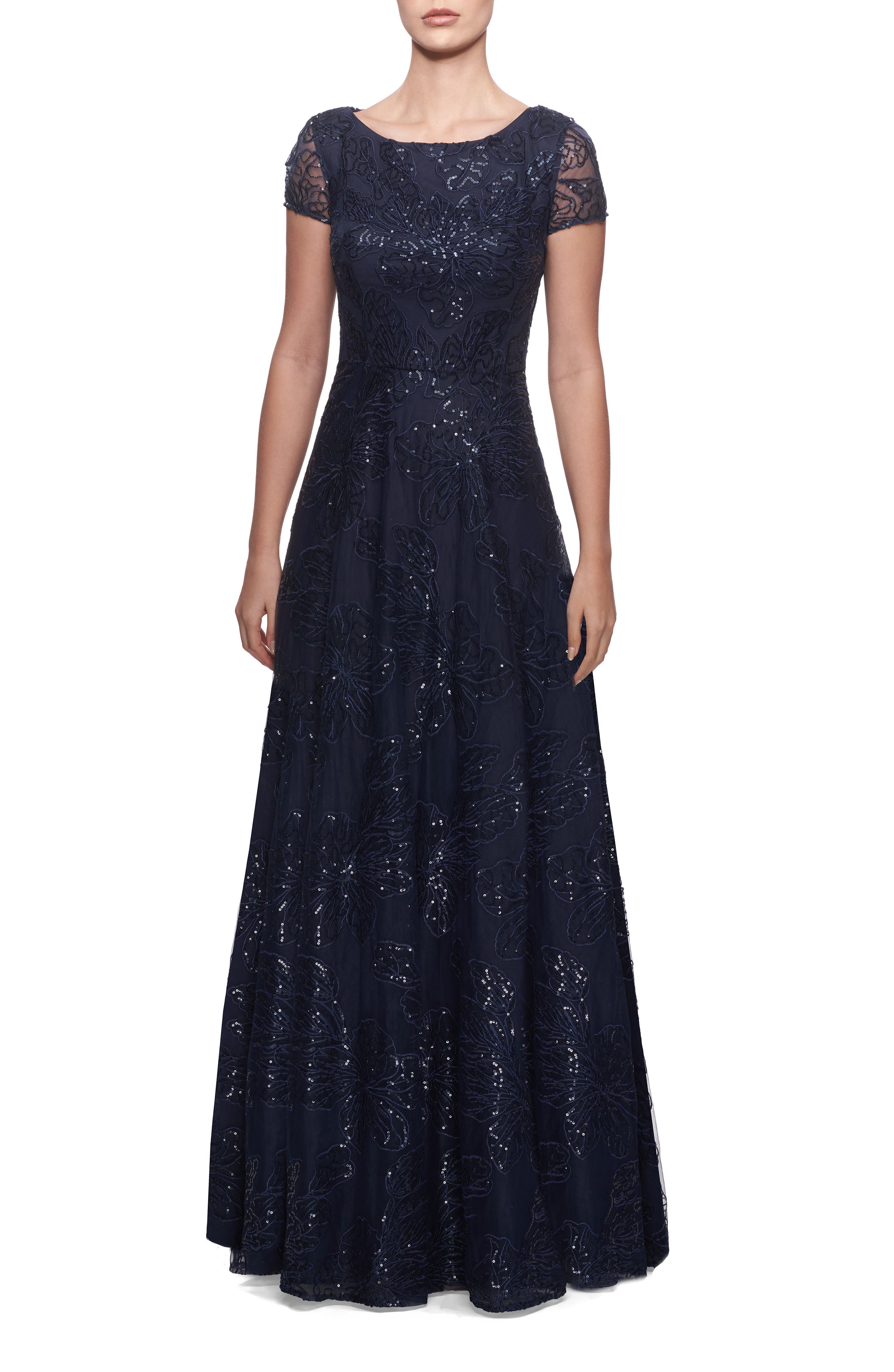 LA FEMME SEQUIN FLORAL EMBROIDERED GOWN,849667089351
