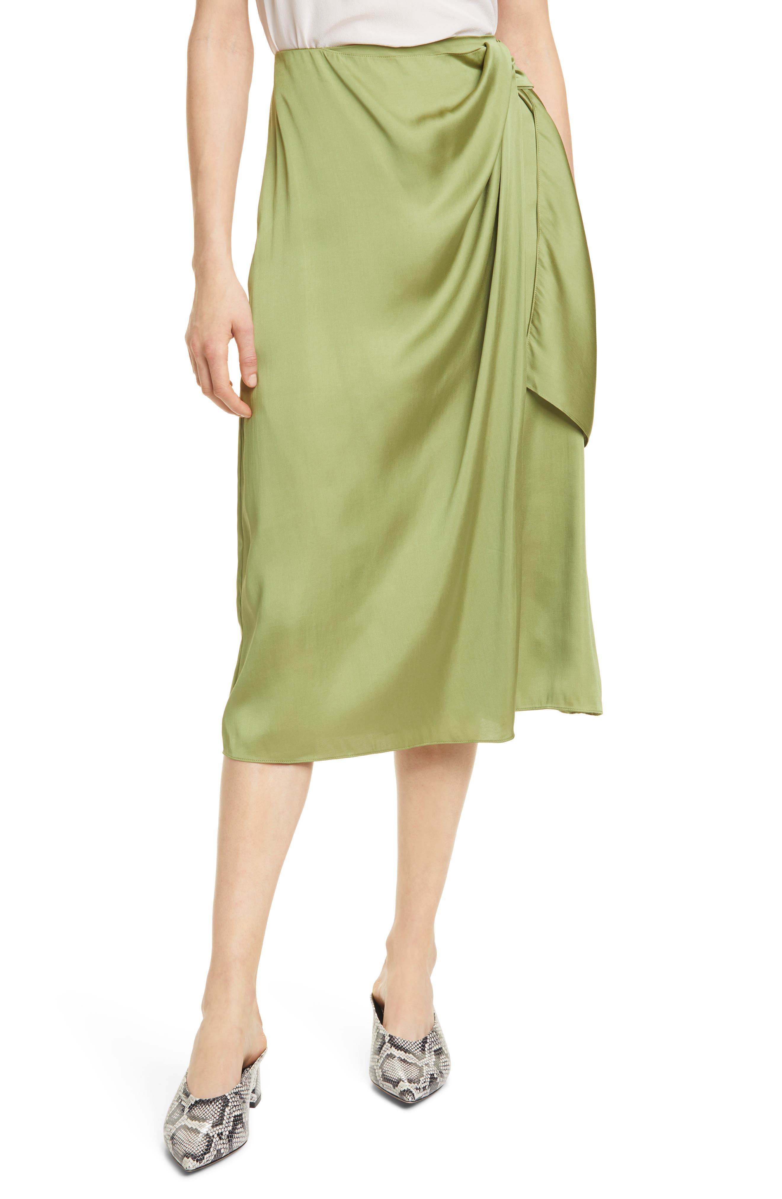 green satin wrap skirt