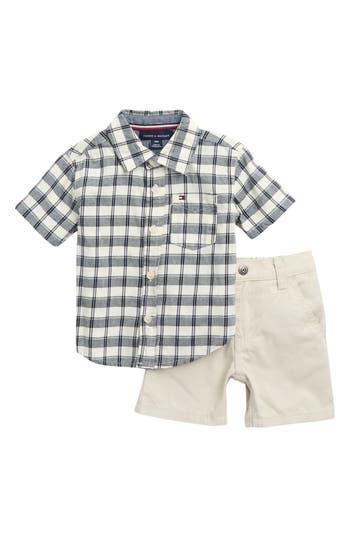 Shop Tommy Hilfiger Short Sleeve Cotton Button-up Shirt & Shorts Set In Beige/grey Multi