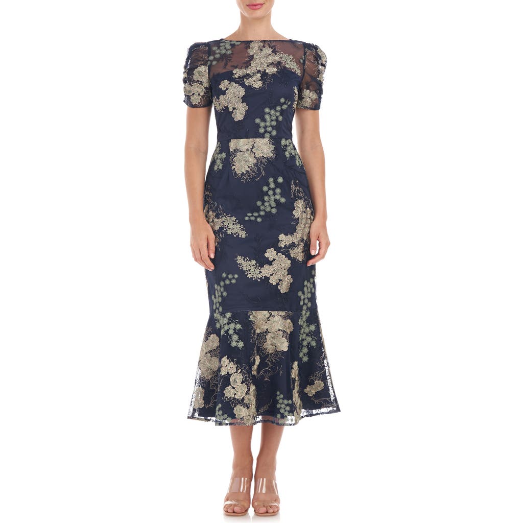 Js Collections Hope Floral Embroidered Cocktail Dress In Navy/jade