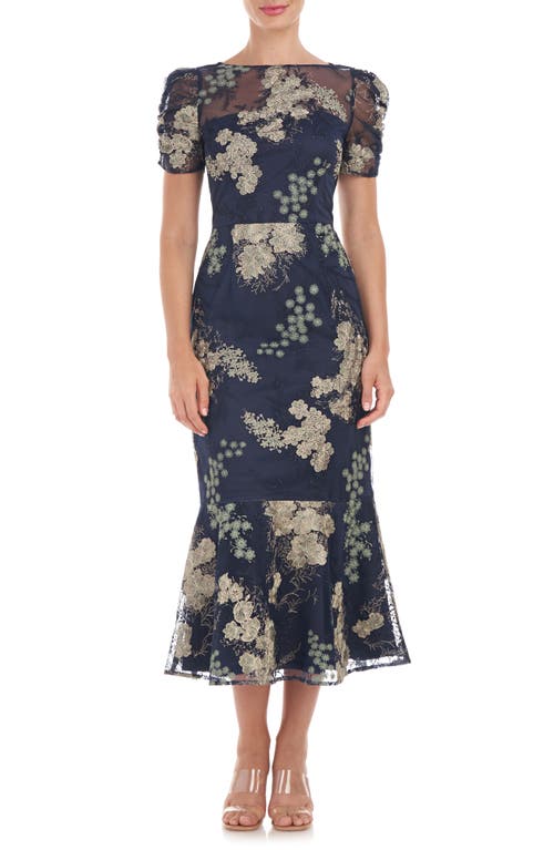 Shop Js Collections Hope Floral Embroidered Cocktail Dress In Navy/jade