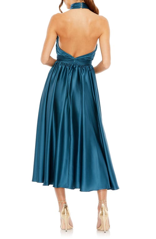 Shop Mac Duggal Pleated Charmeuse Halter Maxi Dress In Ocean