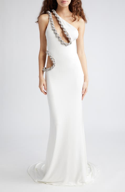 Crystal Rope Cutout One-Shoulder Jersey Gown