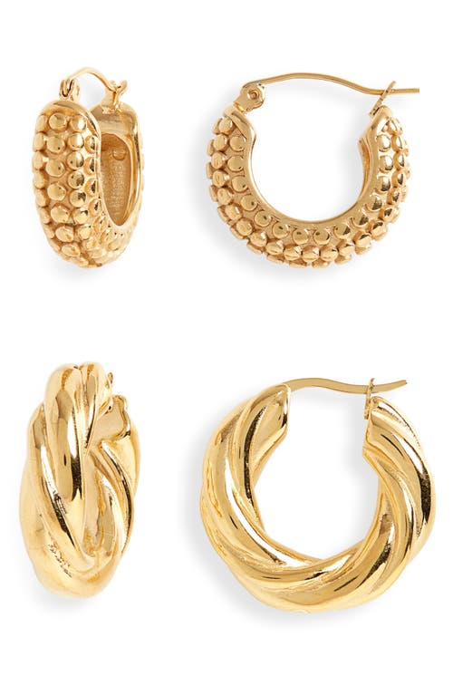 Set of 2 Textured Hoop Earrings in Gold