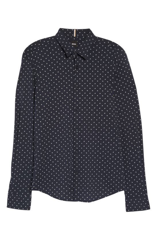 Hugo Boss Roan Slim Fit Geo Stretch Nylon Button-up Shirt In Dark Blue