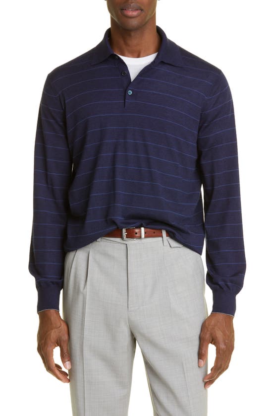 Brunello Cucinelli Stripe Virgin Wool & Cashmere Polo Sweater In Blue Stripe