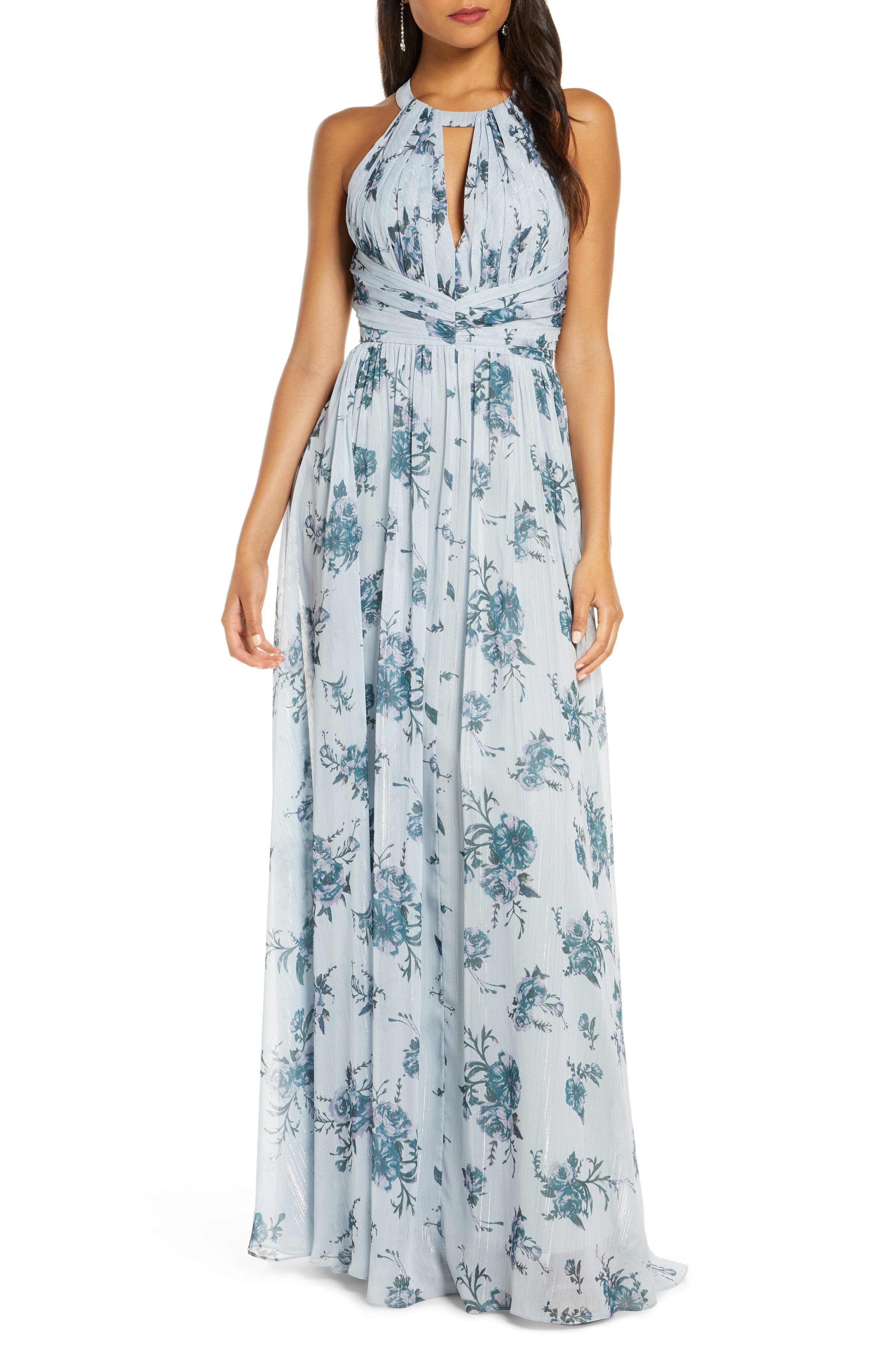 dusty blue floral bridesmaid dress