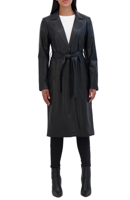 Sebby Belted Longline Faux Leather Trench Coat In Black