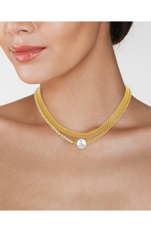 Cz By Kenneth Jay Lane Faux Pearl & Cz Curb Chain Necklace In White/clear/gold
