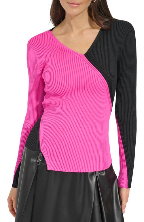 Dkny Colourblock Rib Jumper In Shocking Pink/black