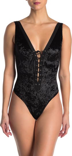 SECRET LACE Crushed Velvet Lace-Up Thong Bodysuit