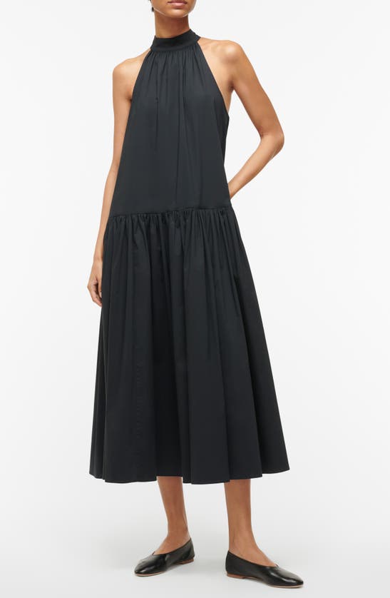 Shop Staud Stretch Cotton Halter Midi Dress In Black