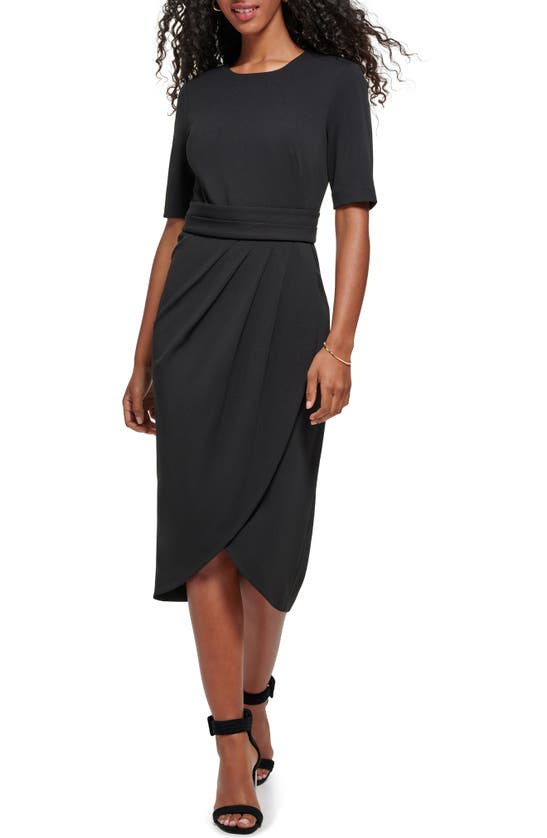 Calvin Klein Jewel Neck Elbowlength Sleeve Draped Midi Dress In Black