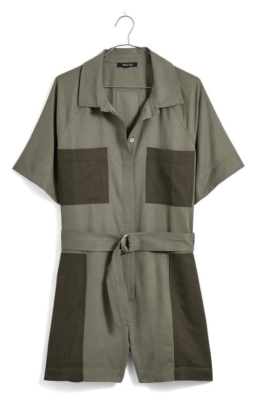 Shop Madewell Short Sleeve Patch Pocket Romper In Dark Olive