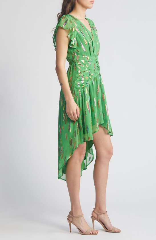 Shop Ciebon Palmina Metallic Leaf Print High-low Dress In Green