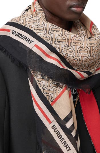 Burberry Black, Pattern Print TB Monogram Striped Shawl