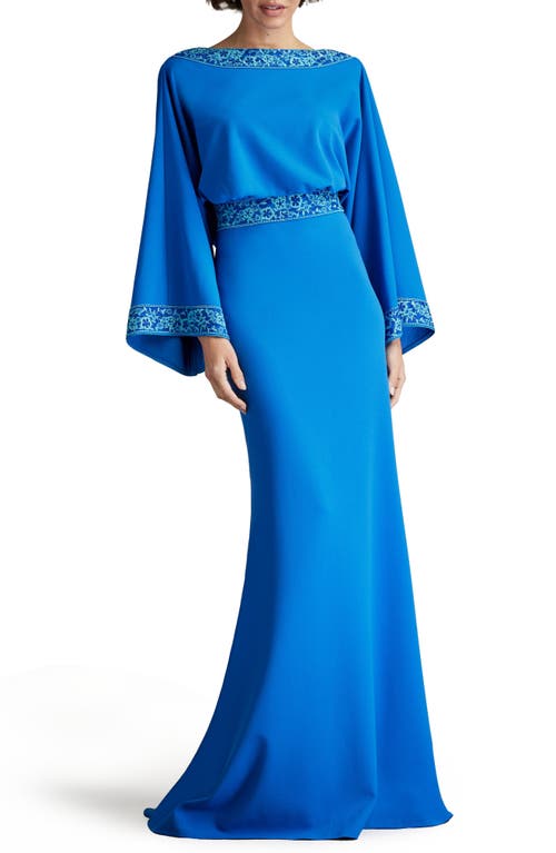 Shop Tadashi Shoji Drape Back Crepe Long Sleeve Gown In Blue Gaze