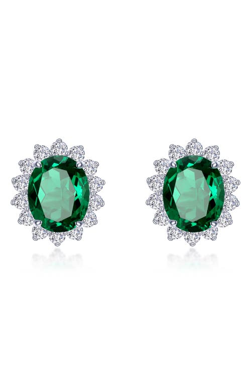 Simulated Emerald & Simulated Diamond Halo Stud Earrings in Green
