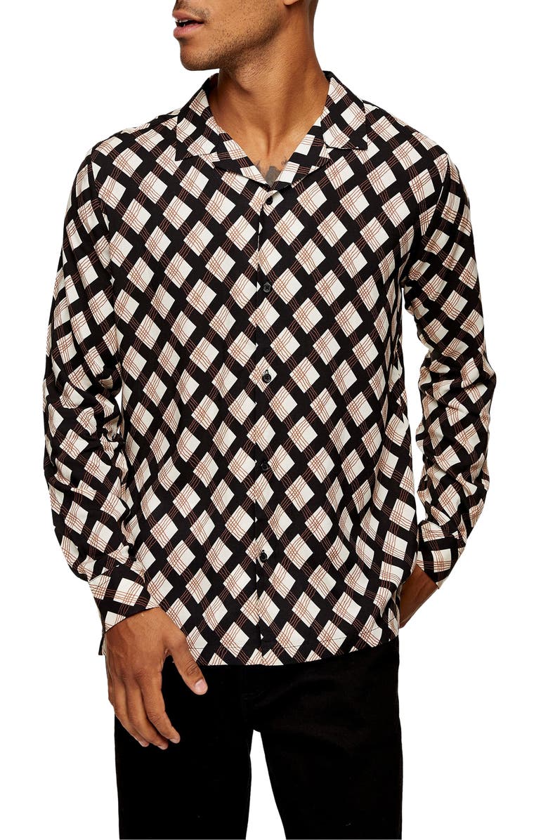 Topman Slim Fit Geo Print Button-Up Camp Shirt, Main, color, 