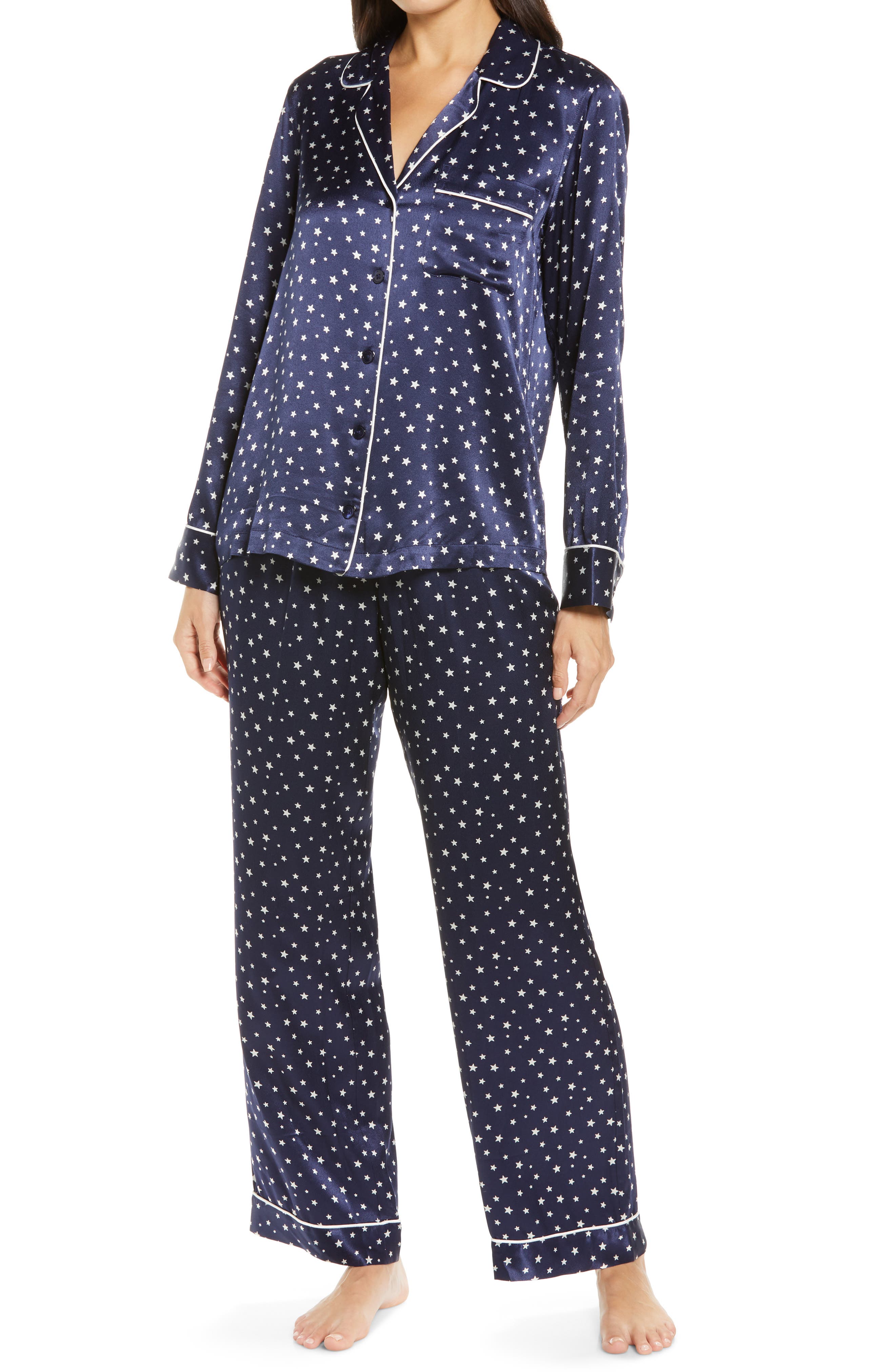 Ladies Navy Spot Satin Pajama PJs Pyjamas Set Long Sleeve Full Length 