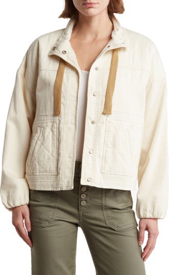 Lucky Brand Point Collar Long Sleeve Drawstring Waist Patch Pocket Button  Front Utility Jacket