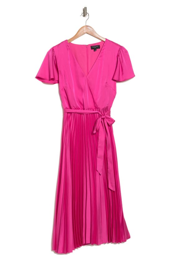 Tahari Flutter Sleeve Pleated Dress In Fuchsia | ModeSens