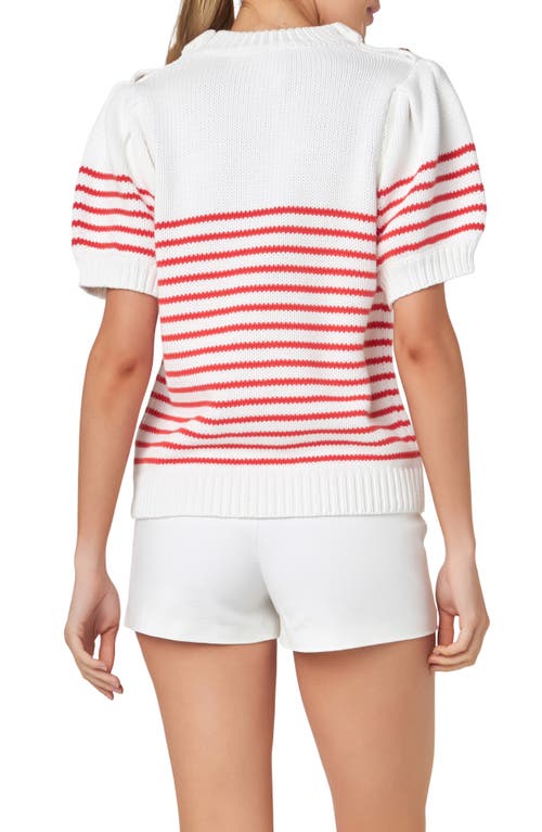 Shop English Factory Stripe Short Sleeve Cotton Sweater In Off White/red