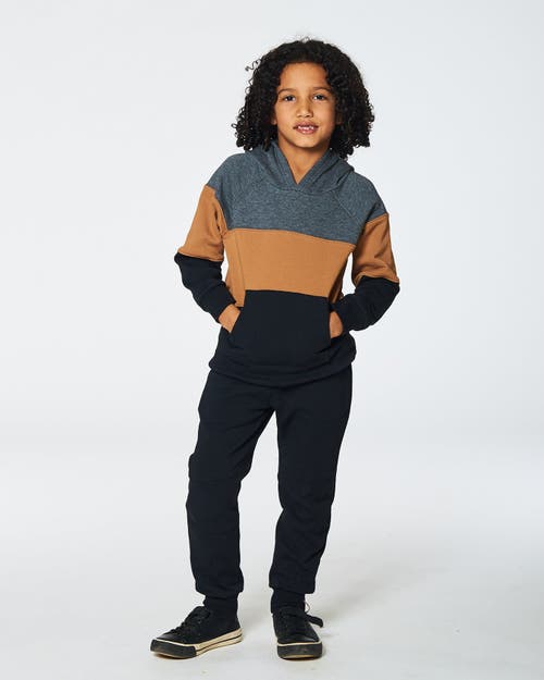 Shop Deux Par Deux Boy's Colorblock Hooded Fleece Sweatshirt Dark Gray, Caramel And Black In Anthracite